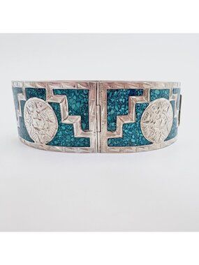 Turquoise Inlay Sterling Silver 925 Aztec Motifs Hinged Cuff Bracelet 6.75"